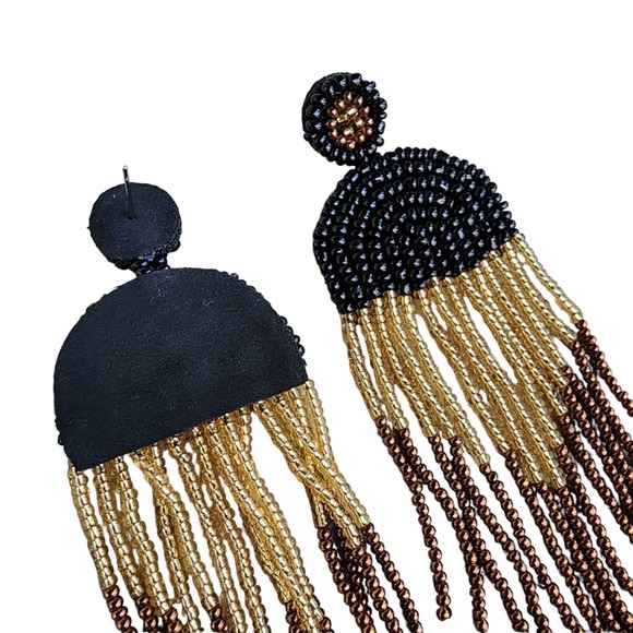 Iridescent Black Rice Beads Chandelier Earrings Bohemian Ear Jewelry Boho - Picture 3 of 4